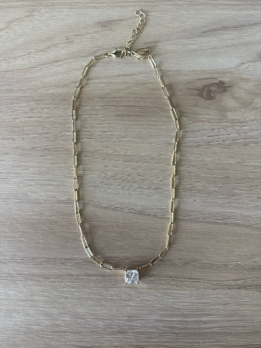 Electric Picks Gold Link Chain Necklace with Square CZ Pendant - Women Jewelry